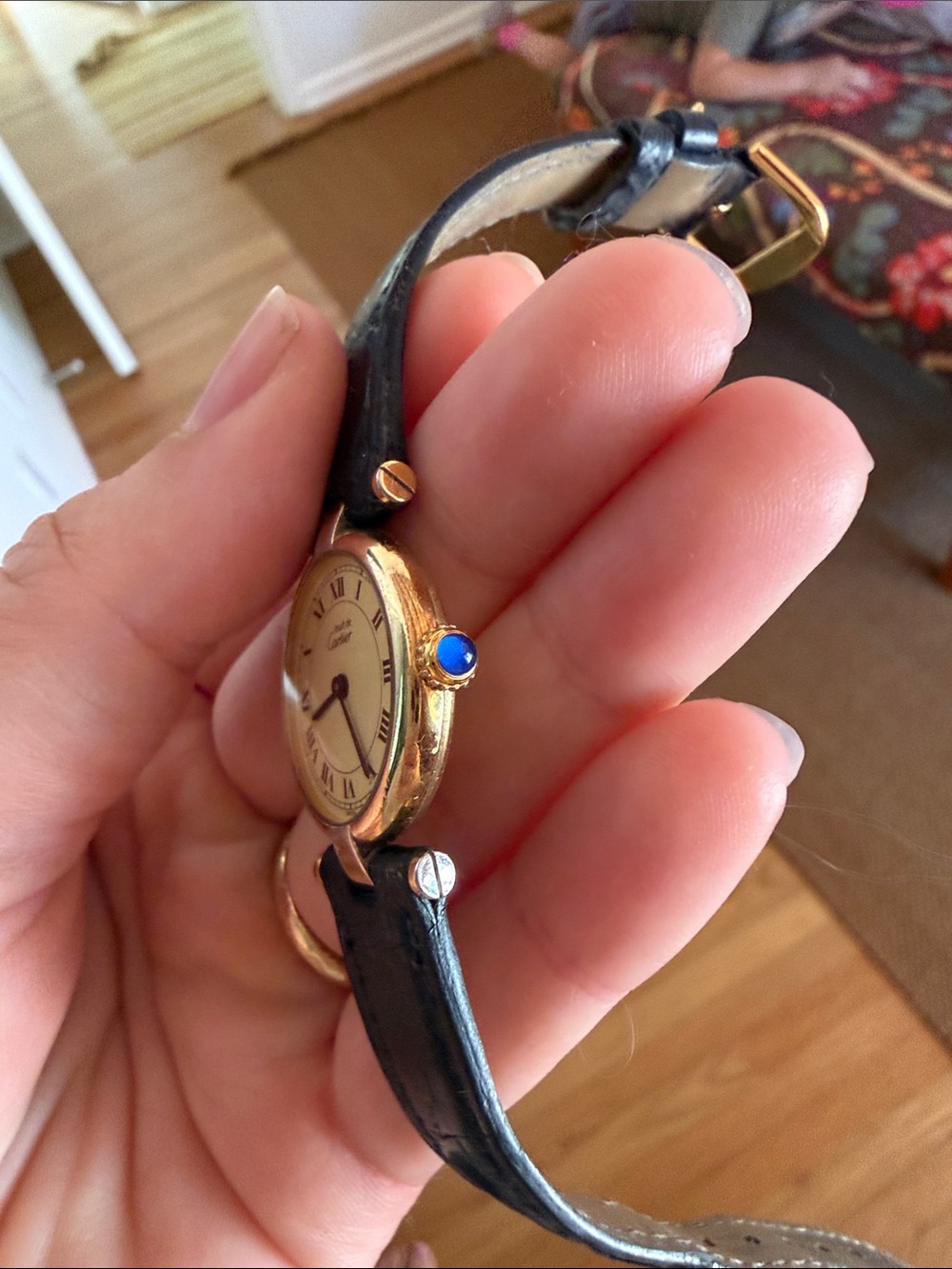 Cartier Gold-Tone Round Watch with Black Leather Strap - Picture 6 of 6